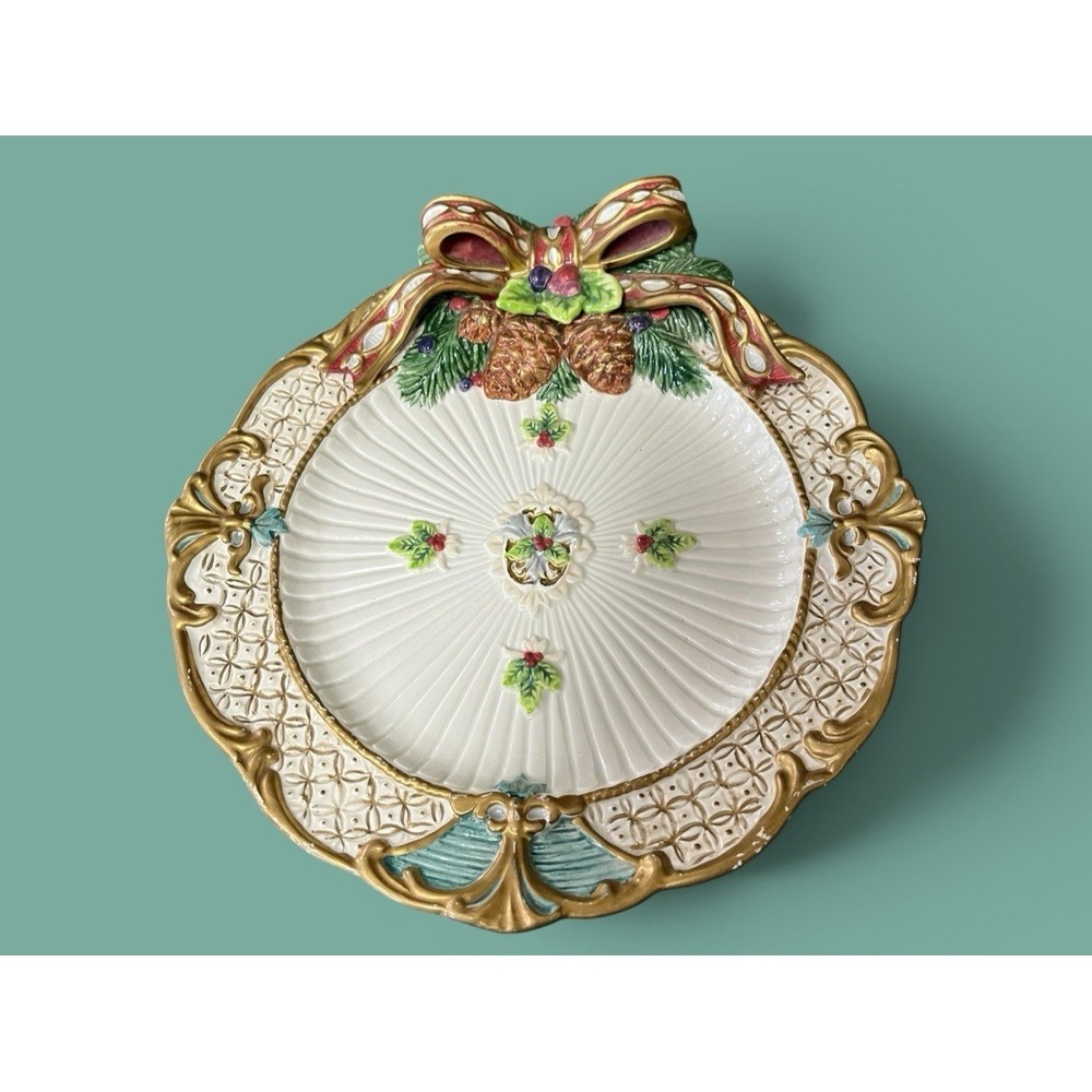 Fitz & Floyd Classics Florentine Canape Snack Plate Christmas Holly Bow Pinecone